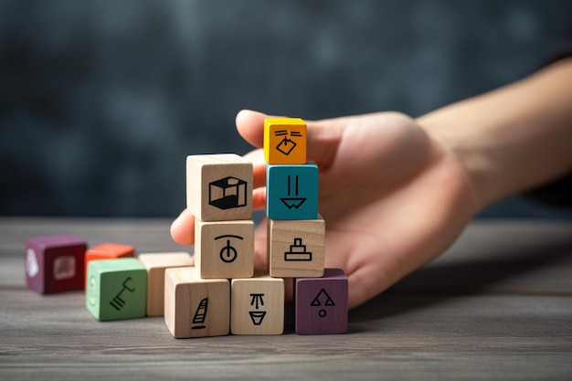 A hand holds a stack of wooden cubes with different colored blocks on it.