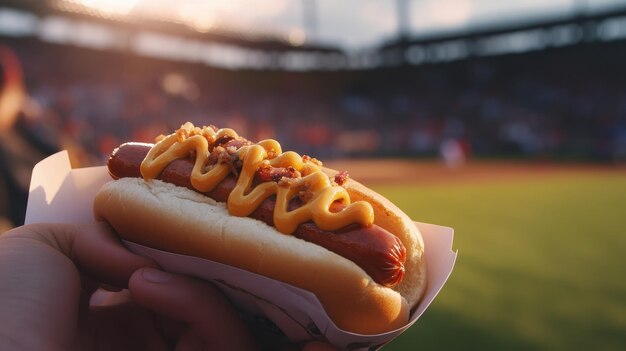 Photo a hand holds a tasty hot dog topped with mustard at a baseball game