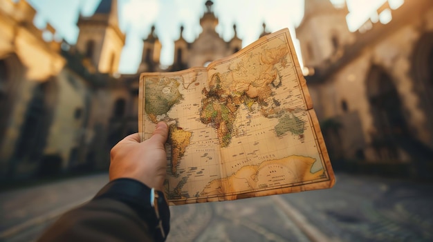 A hand holds up a vintage world map with an old building in the background