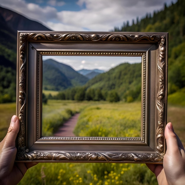 A hand holds a vintage ornate picture frame revealing a picturesque view of a lush valley framed by rolling hills