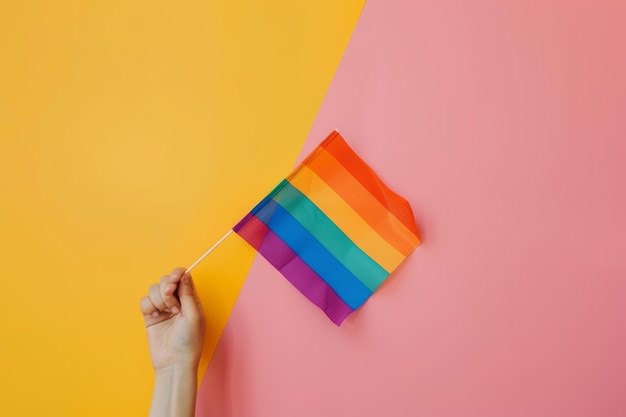 Photo a hand holds a vividly colored pride flag against a contrasting background of vibrant yellow and pink symbolizing diversity and support