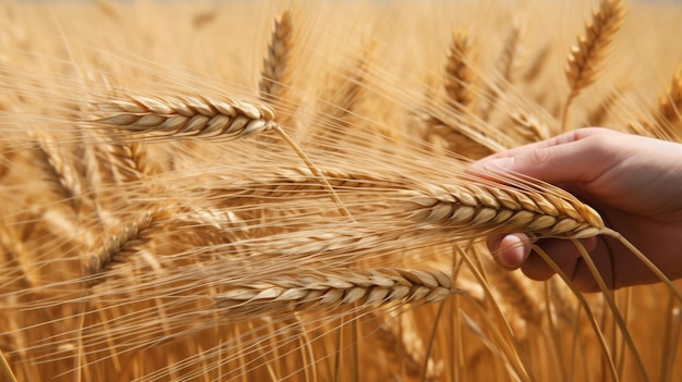 A hand holds a wheat crop in a field.