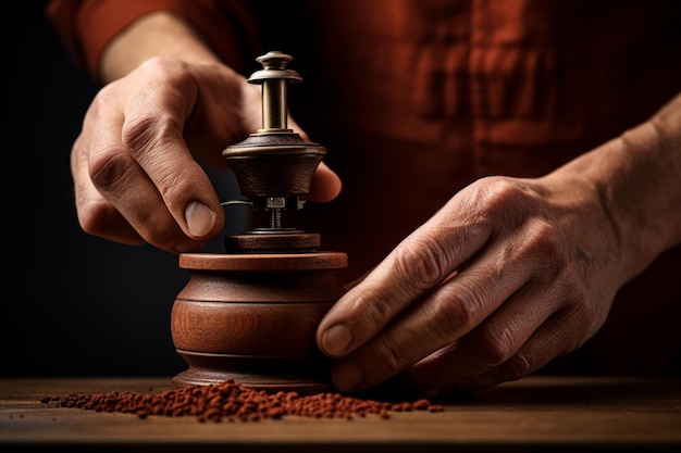 Hand Holds Wooden Espresso Grinder