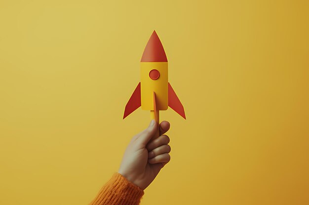 A hand holds a yellow and red paper rocket against a yellow background