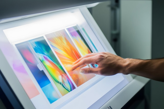 Photo hand inspecting vibrant color samples on a light table