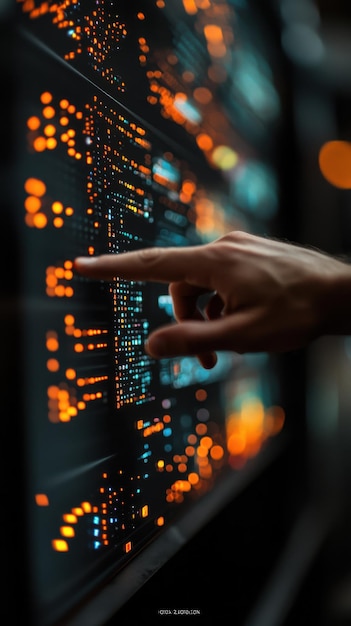 Photo a hand interacting with a digital display of data visualizations