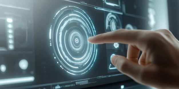 Photo a hand interacting with a futuristic touchscreen interface showcasing modern technology and user experience