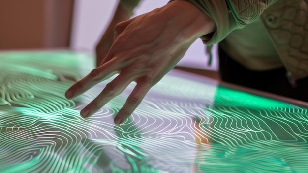 Photo hand interacting with green luminous lines on a touch screen