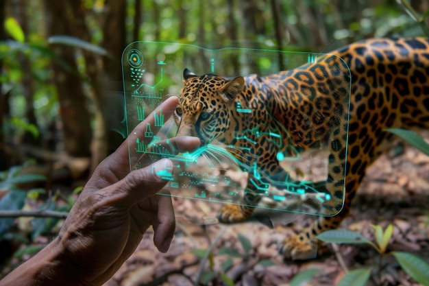 Photo a hand interacts with a digital interface showing a jaguar in the jungle