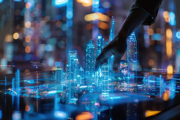 A hand interacts with a holographic city model projected onto a surface