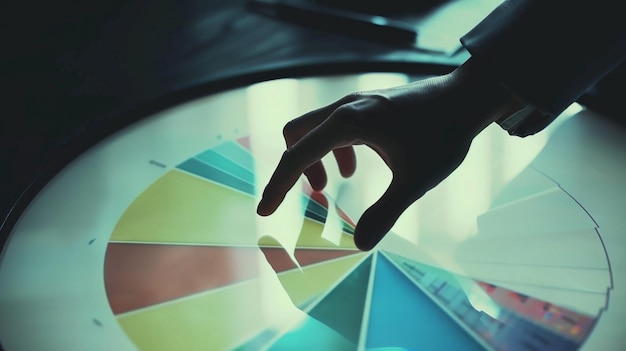 Photo a hand interacts with a vibrant touchscreen pie chart in a dimly lit room highlighting the harmony between technology and human touch