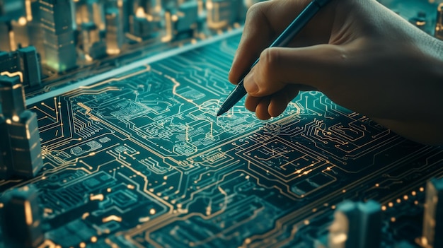 a hand is cutting a circuit board with a hand holding a pen