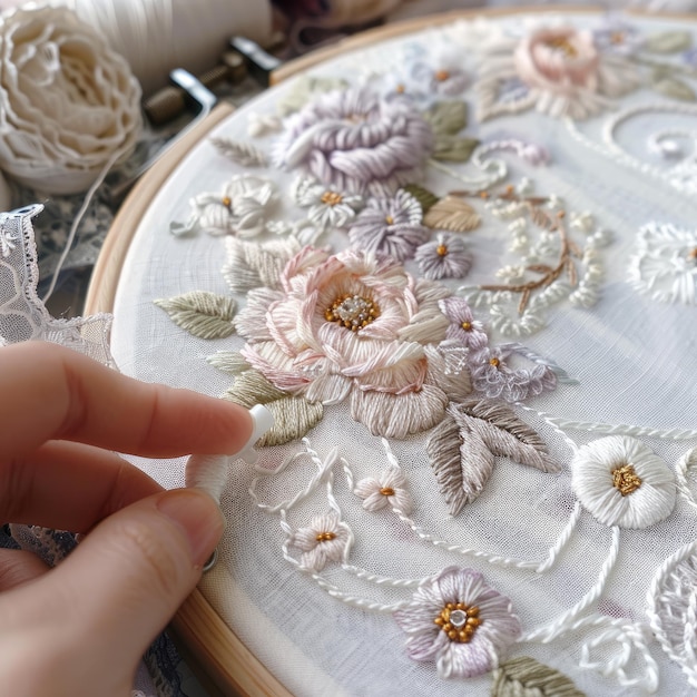 a hand is cutting a piece of cloth with flowers on it