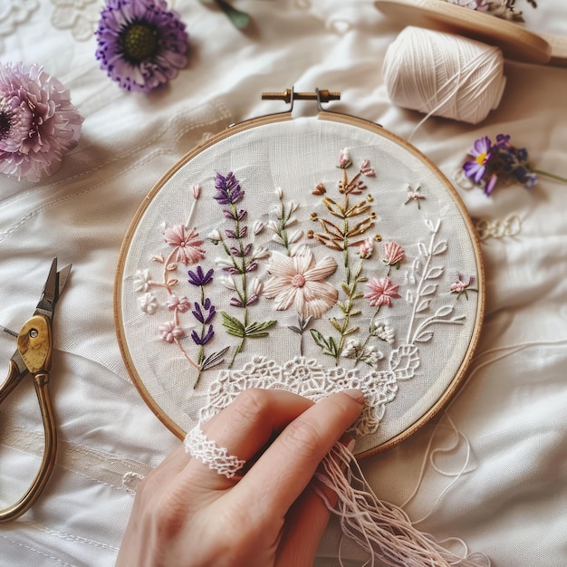 Photo a hand is cutting a piece of fabric with flowers on it