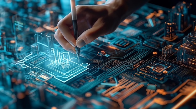 a hand is drawing a diagram on a circuit board