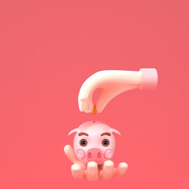 The hand is drop the coin into the piggy bank 3d illustration