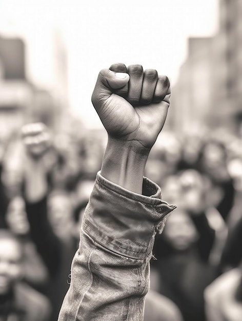 A hand is held up in the air with a crowd in the background