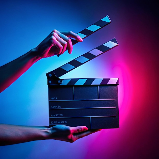 Photo hand is holding black clapper board or movie slate on a blue background with a circular light illuminated with pink neon light cinema industry entertainment