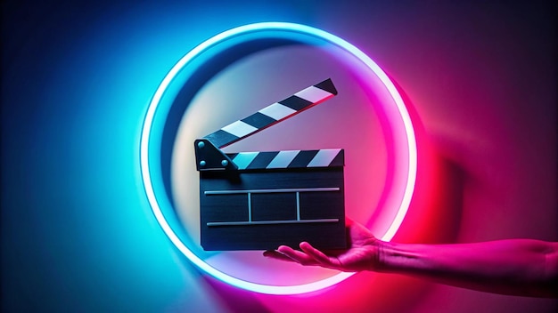 Photo hand is holding black clapper board or movie slate on a pink background with a circular light illuminated with blue neon light cinema industry entertainment