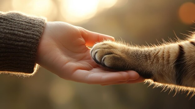 Photo a hand is holding a cats paw