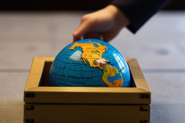 Photo a hand is holding a globe that says  we are in a box