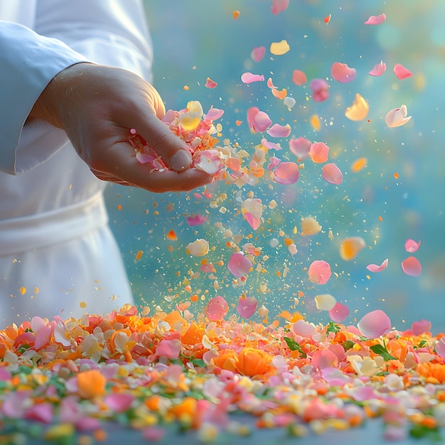 A hand is holding a handful of colorful flower petals creating a beautiful