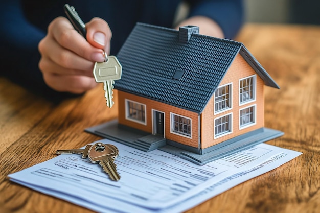 a hand is holding a house with a key and keys on it