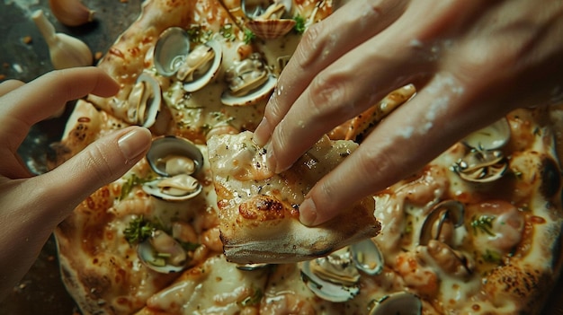 Photo a hand is holding a knife and cutting a pizza with mushrooms