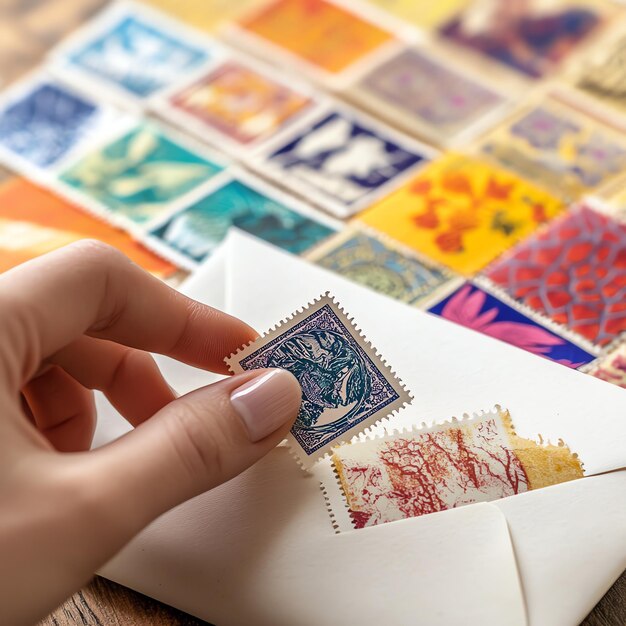 A hand is holding a letter with a stamp on it