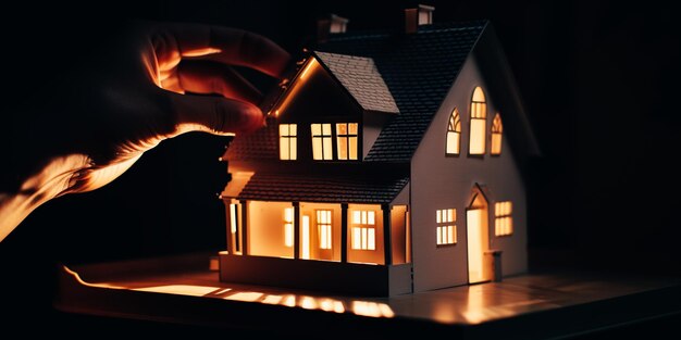 A hand is holding a model of a house with a lit up house on the front.