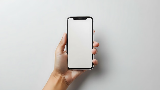 A hand is holding phone with a white screen isolated on white background