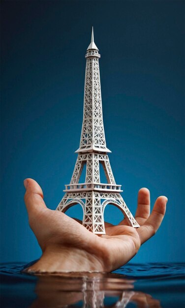 Photo a hand is holding a replica of eiffel tower