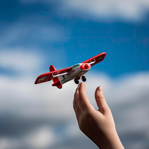 A hand is holding a toy plane