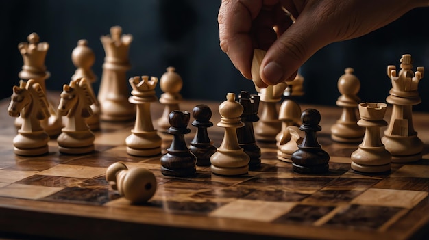 A hand is moving a white chess piece on a chessboard