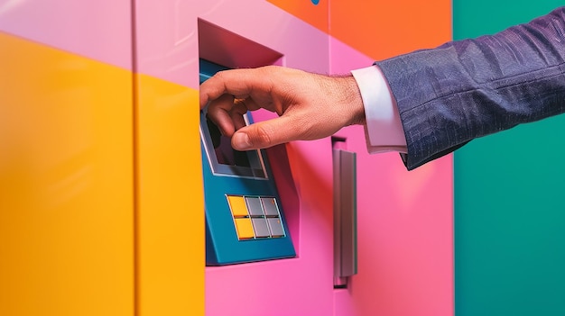 a hand is opening a blue and orange atm machine