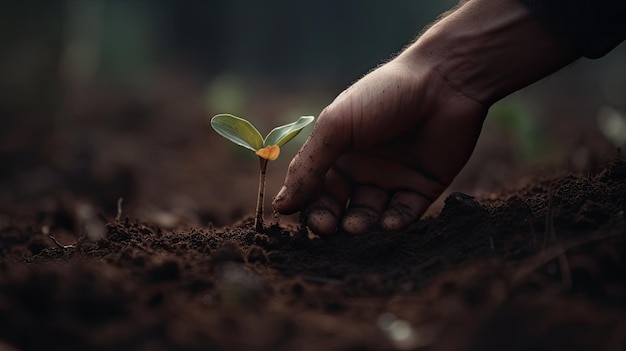 A hand is planting a seedling in the soil.