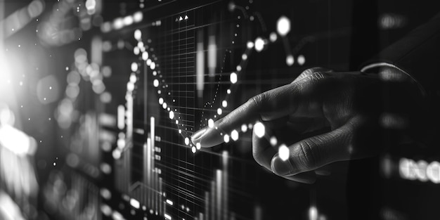 A hand is pointing at a graph on a computer screen The graph shows a downward trend which could indicate a decrease in sales or a negative outcome Concept of concern or urgency