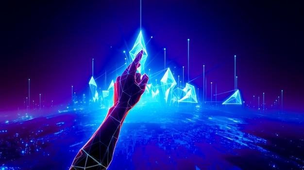 Hand is pointing at something in the air with blue lights in the background Generative AI