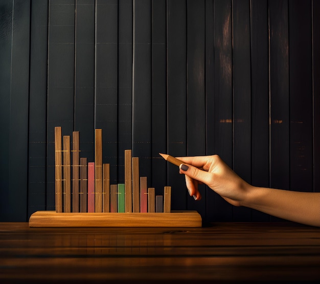 A hand is pointing at a wooden display with a pencil on it.