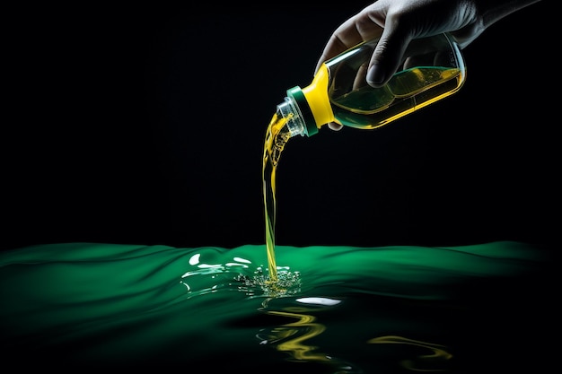 A hand is pouring oil into a bottle