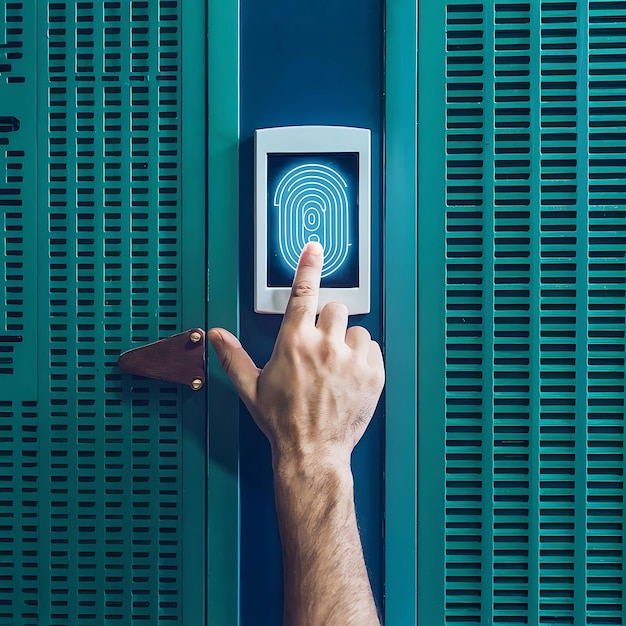 Photo a hand is pressing a button on a blue wall with a finger pointing to the button