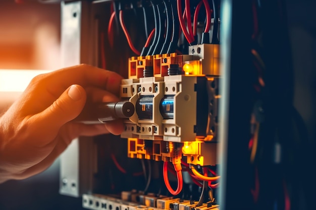 Hand is pressing a switch on a switchboard generative ai