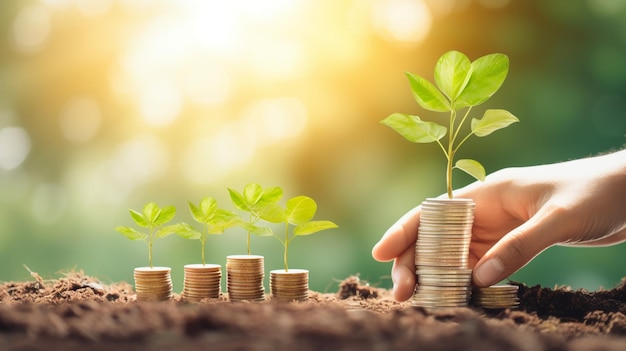 A hand is putting a plant on a pile of coins.