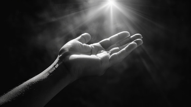 A hand is raised in the air with a light shining on it