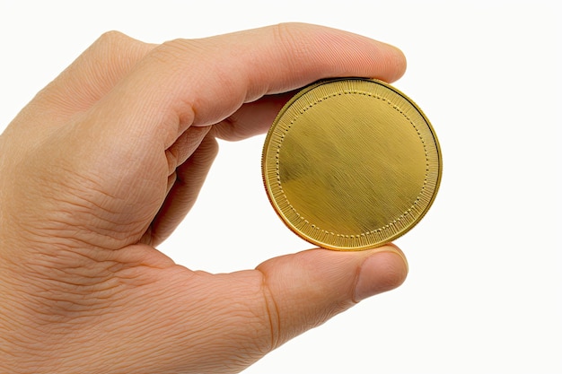 A hand is shown holding a shiny gold coin against a white background Generated by AI