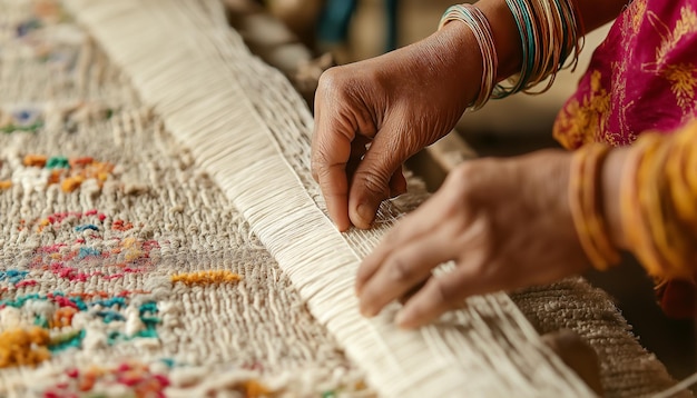 Photo a hand is stitching a piece of woven thread on a woven mat