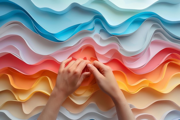 Photo a hand is touching a colorful wave of paper