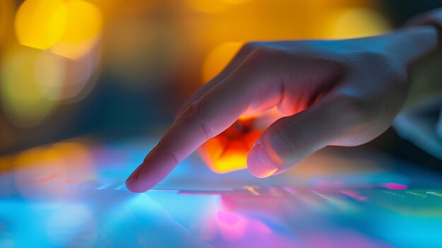 a hand is touching a computer mouse with a colorful background