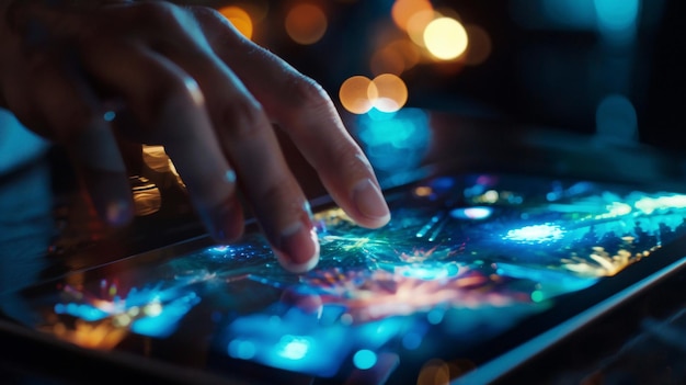 a hand is touching an electronic device with a glowing display