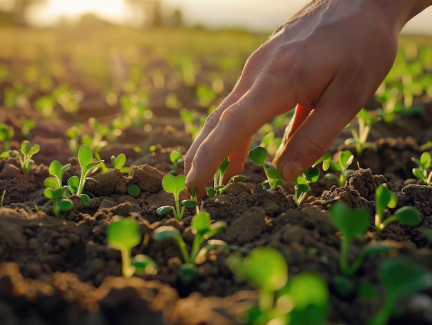 A hand is touching a plant in a field